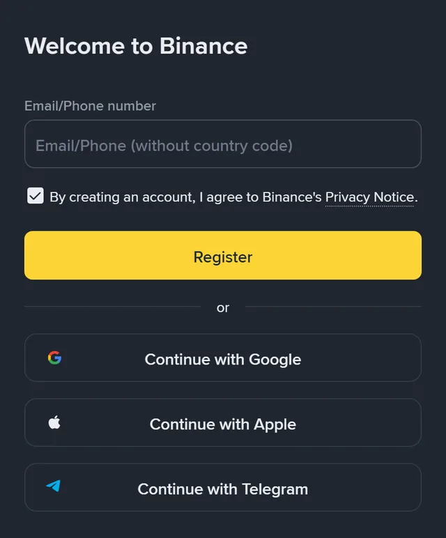 Binance sign-up page: the heading “Welcome to Binance”, one “Email/Phone (without country code)” field, a ticked “By creating an account, I agree to Binance's Privacy Notice” box, a yellow “Register” button, then “Continue with Google”, “Continue with Apple” and “Continue with Telegram” buttons